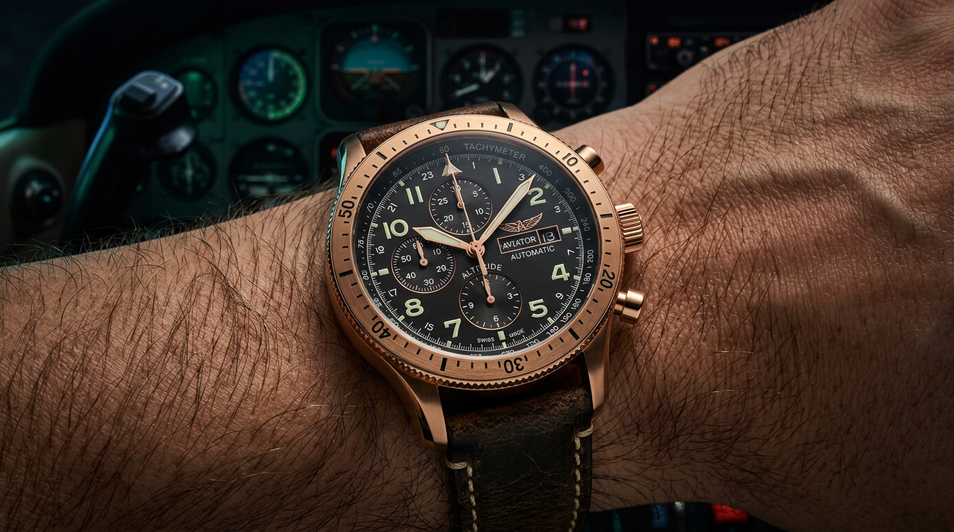Relógio Aviator de luxo com mostrador preto e pulseira de couro