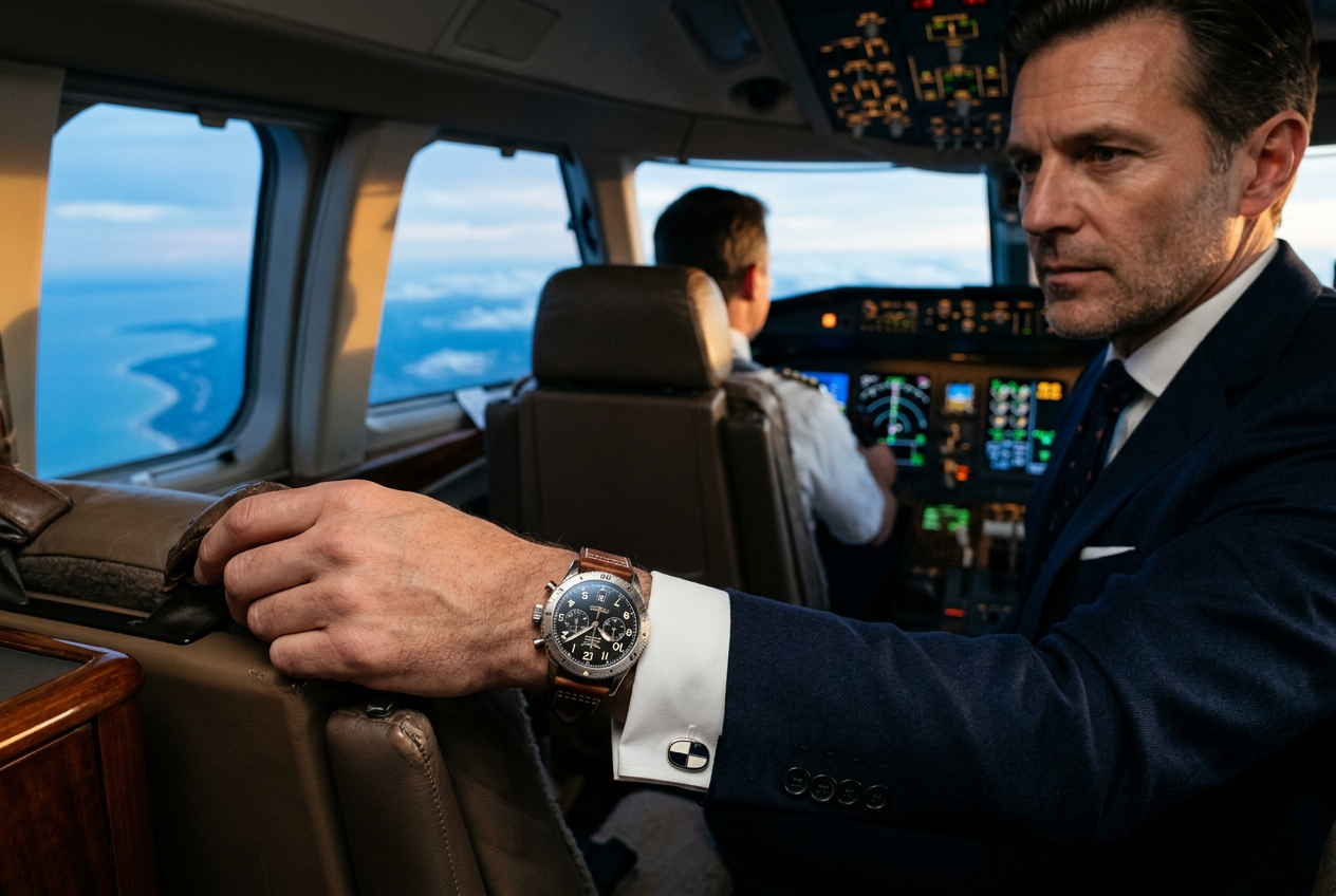 Relógio Aviator no pulso em ambiente de cockpit