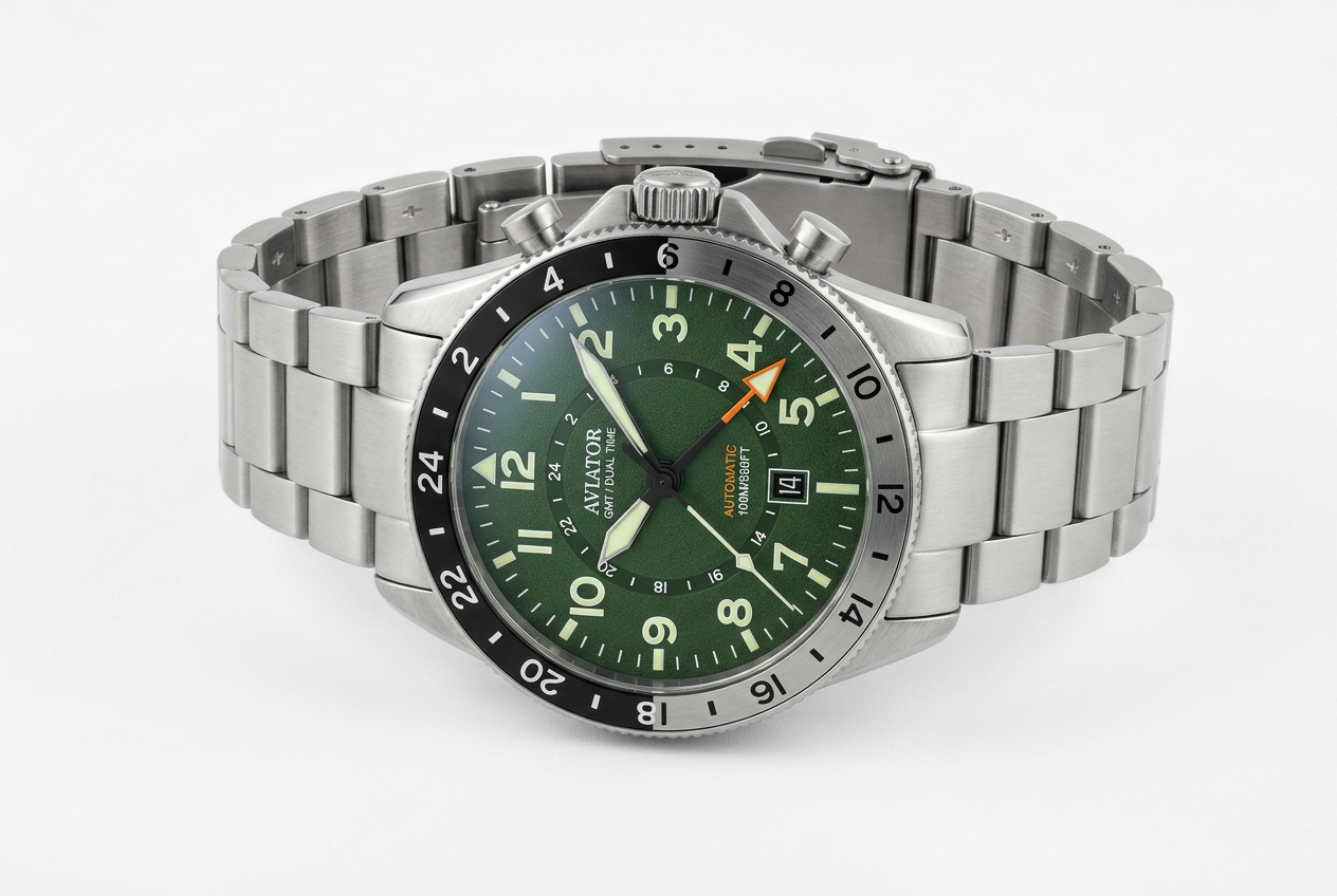 Aviator GMT - relógio com dois fusos horários e mostrador verde