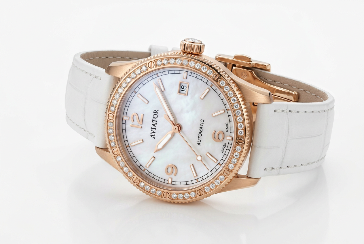 Aviator relógio feminino com bizel de diamantes e caixa em ouro rosê