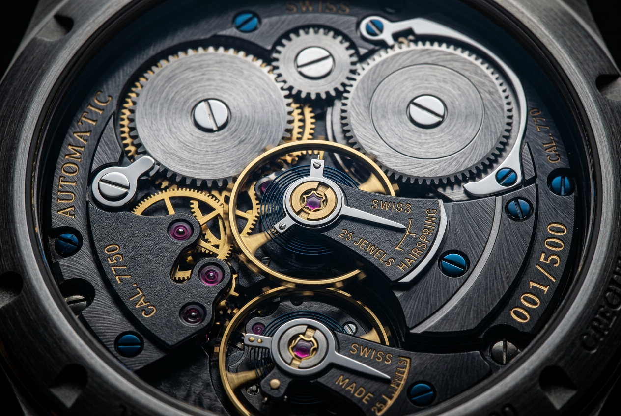 Movimento automático suíço do relógio Aviator em macro