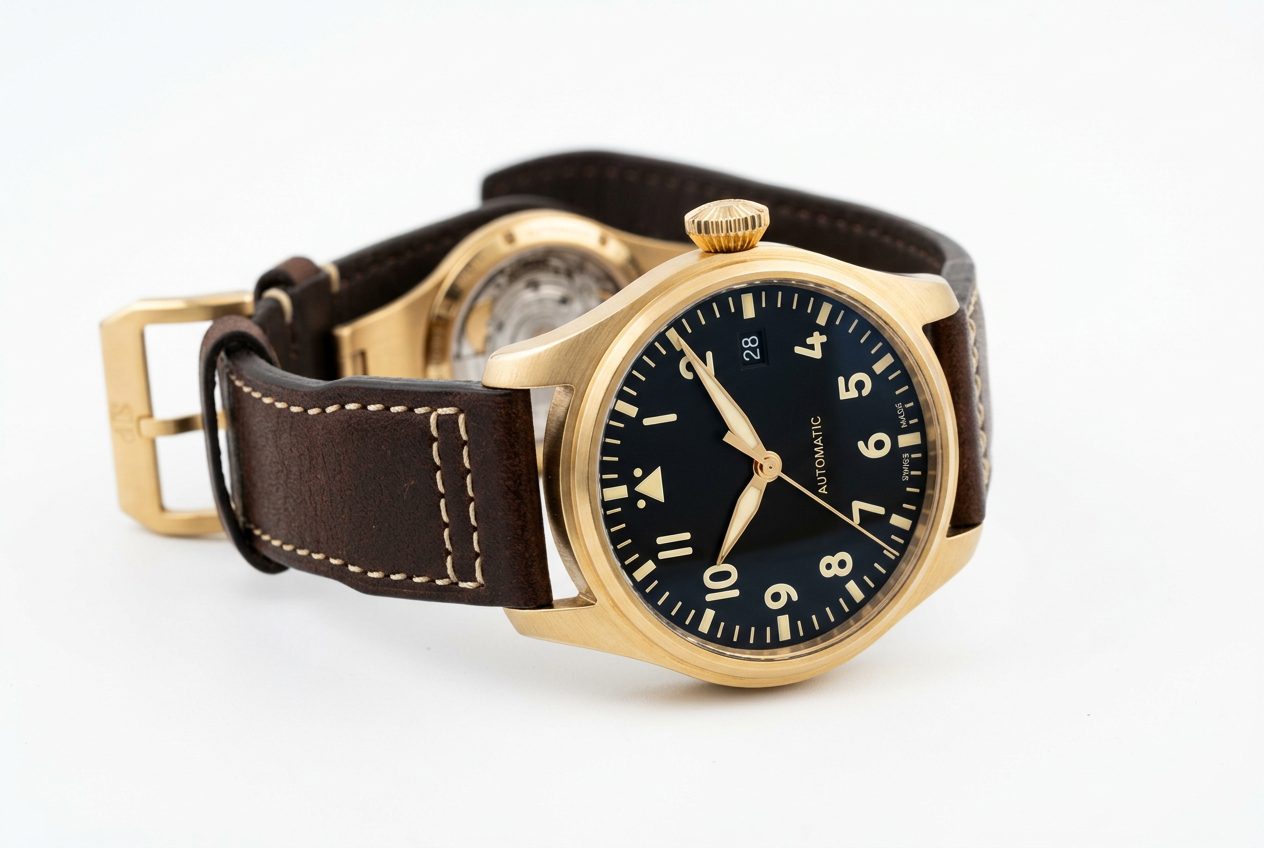 Aviator Pilot Watch com mostrador preto e caixa dourada