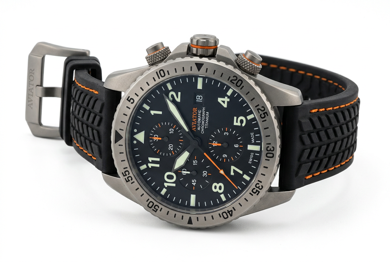 Aviator Sport relógio com caixa de titânio e detalhes laranjas